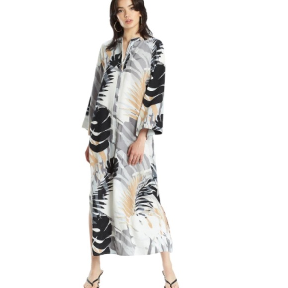 Natori Dresses & Skirts - Natori Palm Leaf Caftan Dress Size S Tropical Resort Maxi Coverup Lounge